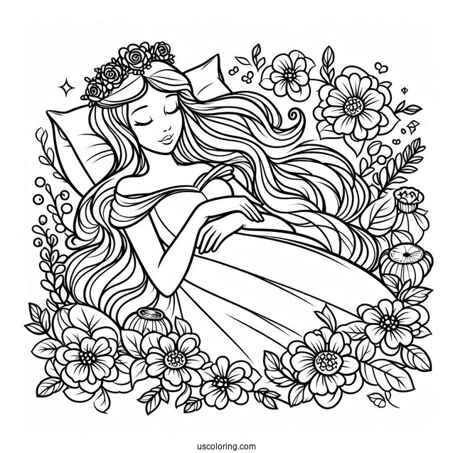 Sleeping Beauty Coloring Page Surrounded By Flowers