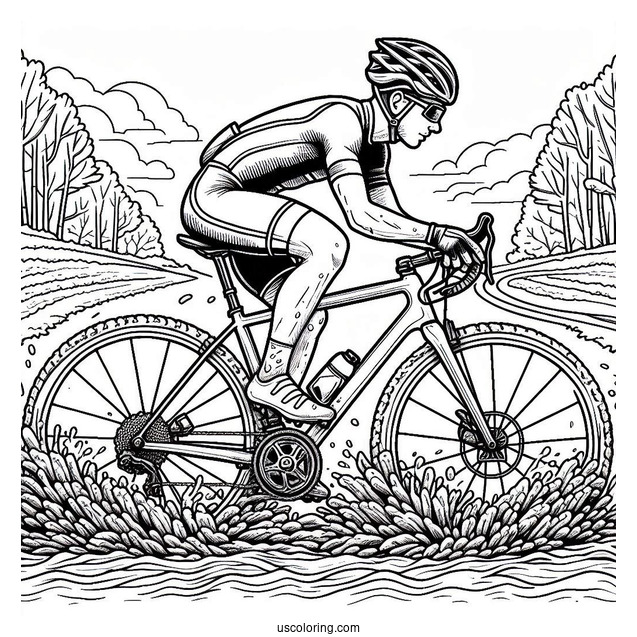 Bicycle Coloring Page Of Professional Cyclist Riding Through Mud