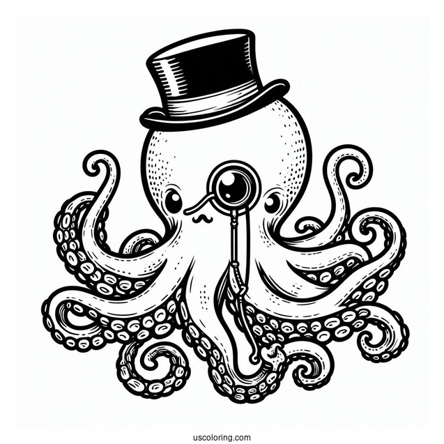 Octopus Coloring Page With Monocle And Top Hat