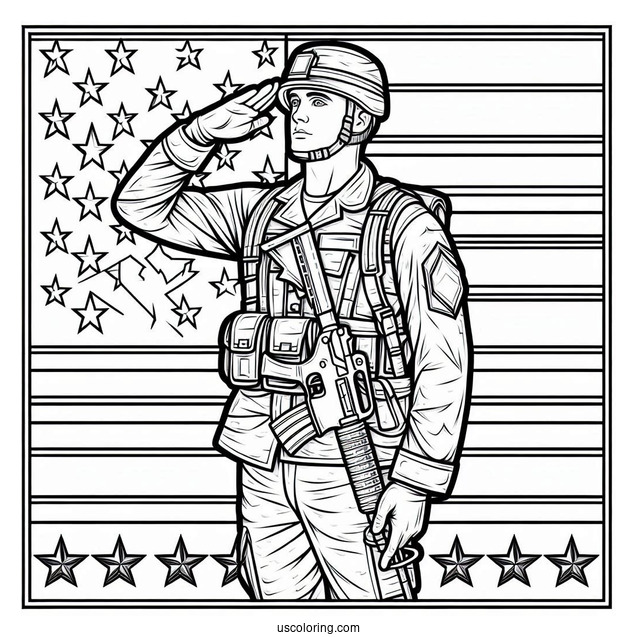 American Soldier Coloring Page Saluting With Stars In Background