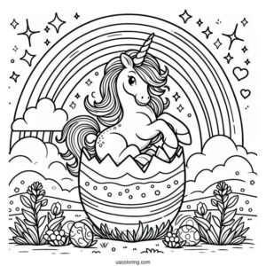 Unicorn Popping Out Of Easter Egg On Rainbow Coloring Sheet