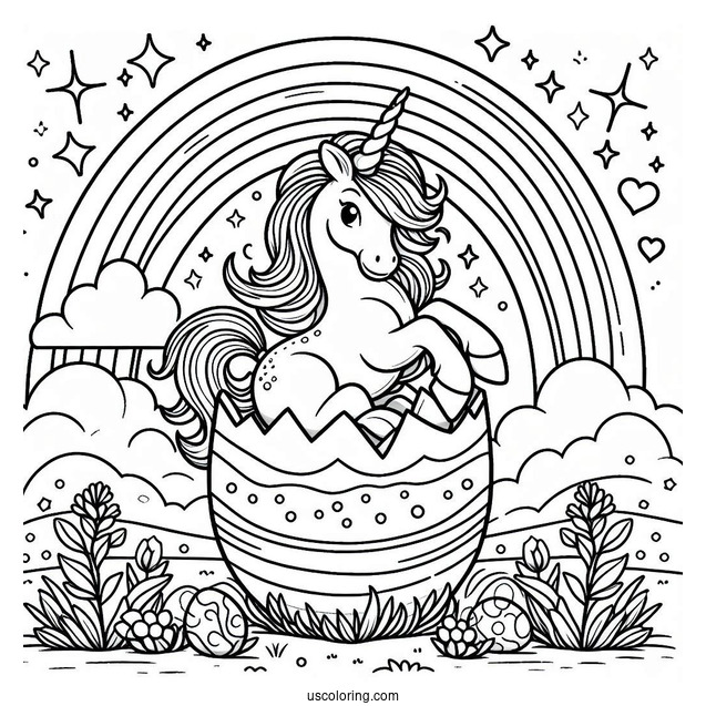Unicorn Popping Out Of Easter Egg On Rainbow Coloring Sheet