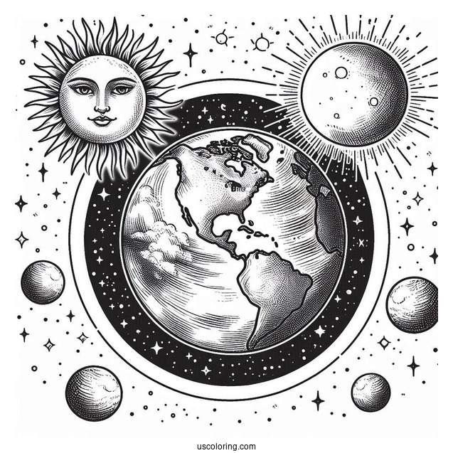 Realistic Earth With Sun And Moon In Outer Space Coloring Sheet