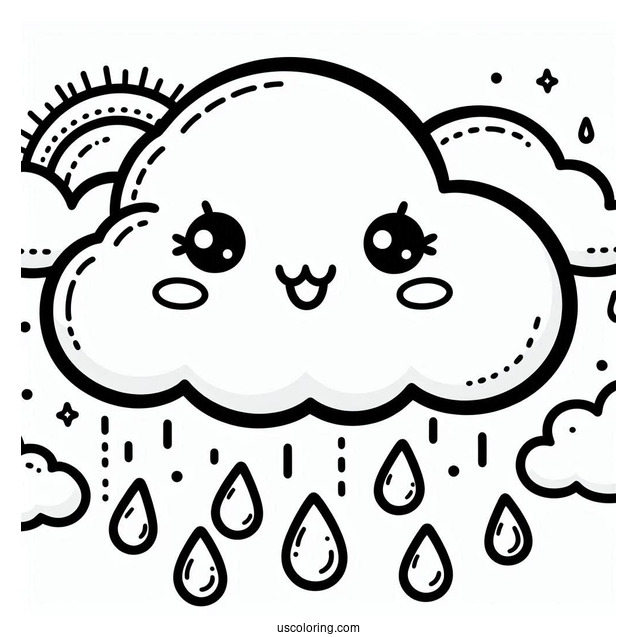 Rain Coloring Page Of Kawaii Raindrops Falling From Cloud For Preschoolers