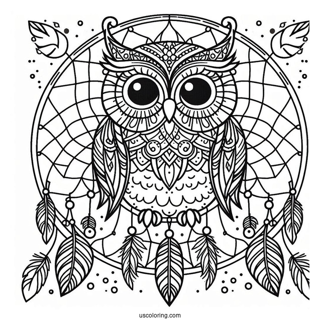 Owl Mandala Dreamcatcher Coloring Page