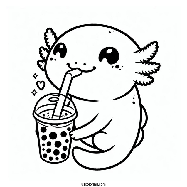 Axolotl Coloring Page Drinking Boba Tea For Kids
