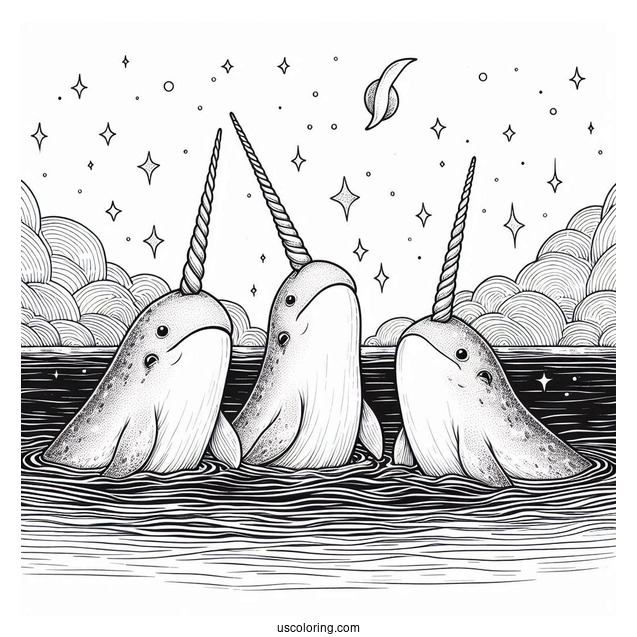 Three Realistic Narwhal Coloring Page Whales Emerging From Water