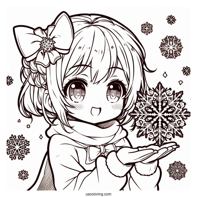 Kawaii Anime Girl Holding Snowflake Coloring Page