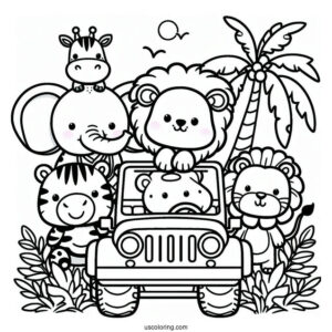 Jungle Coloring Page Of Kawaii Elephant, Lion, Zebra, Hippo, And Giraffe In Jeep For Preschoolers