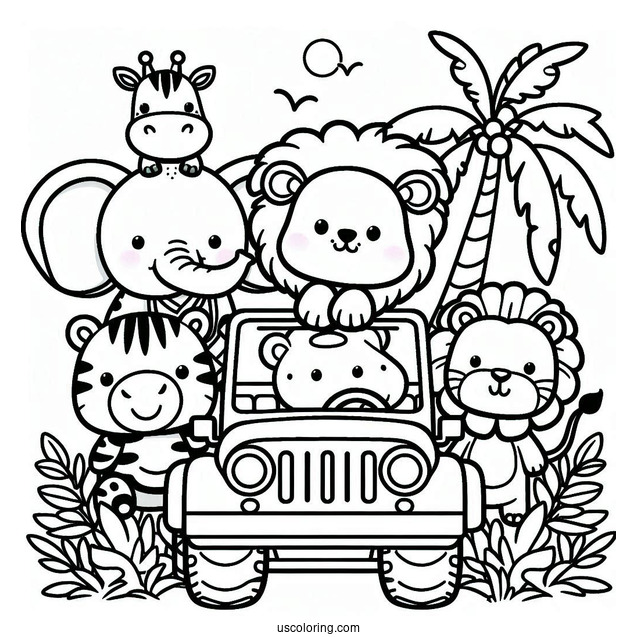 Jungle Coloring Page Of Kawaii Elephant, Lion, Zebra, Hippo, And Giraffe In Jeep For Preschoolers