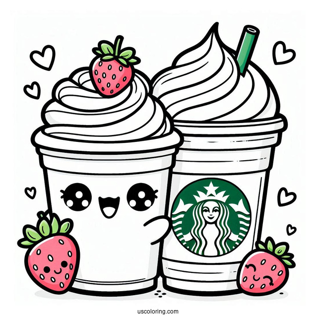 Smiling Cartoon Starbucks Coloring Page Frappe With Strawberry On Top For Kids