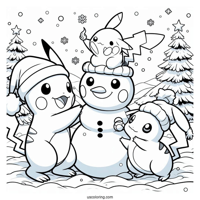 Pokemon Christmas Coloring Page Pikachu, Charmander, And Psyduck Making A Snowman