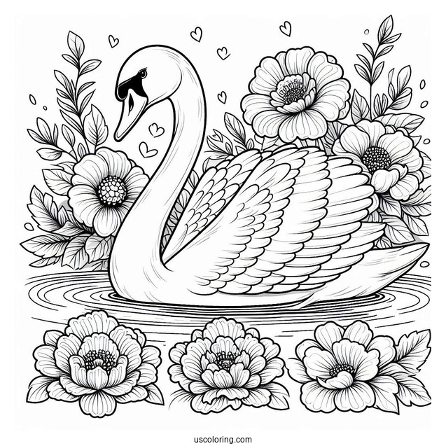 Regal Swan Coloring Page Floating In Pond With Large Flowers