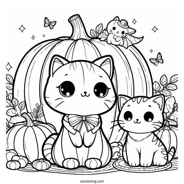 Pumpkin Coloring Page Of Cartoon Cats Beside A Large Jack O Lantern