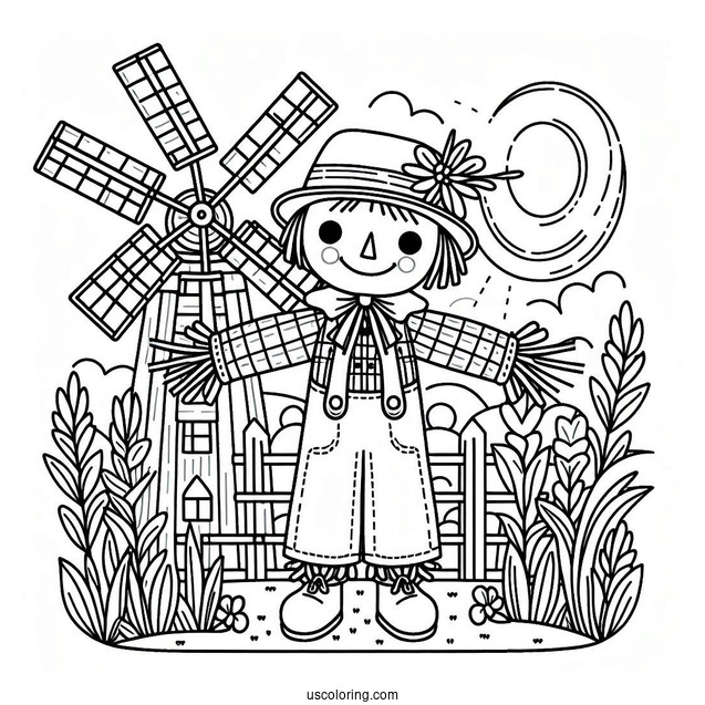 Cute Scarecrow Coloring Page With A Windmill At The Back