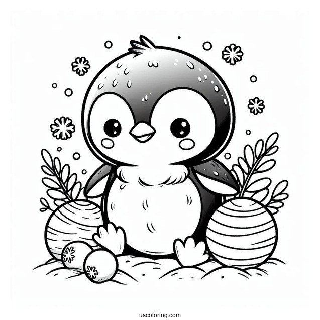 Cute Baby Penguin With Snow Balls Coloring In