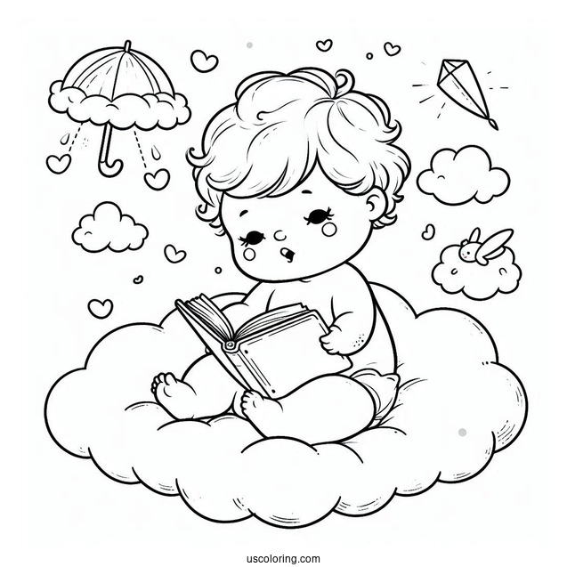 Adorable Baby Coloring Page Reading On A Cloud