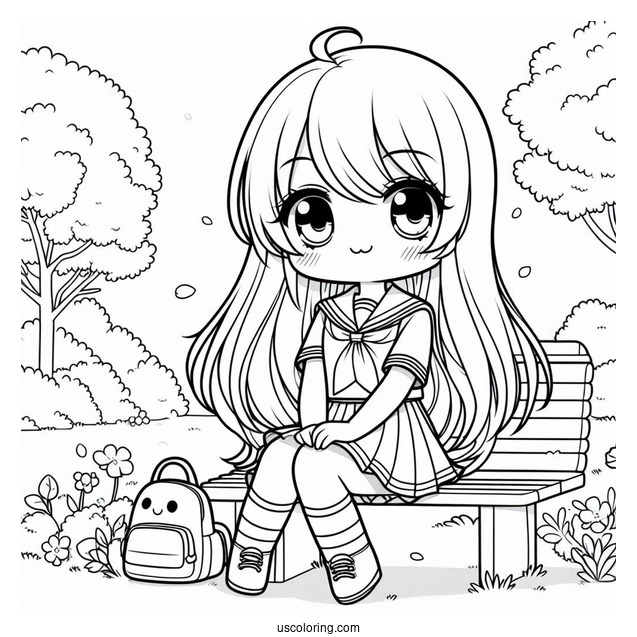 Kawaii School Girl Sitting In A Park Coloring Page