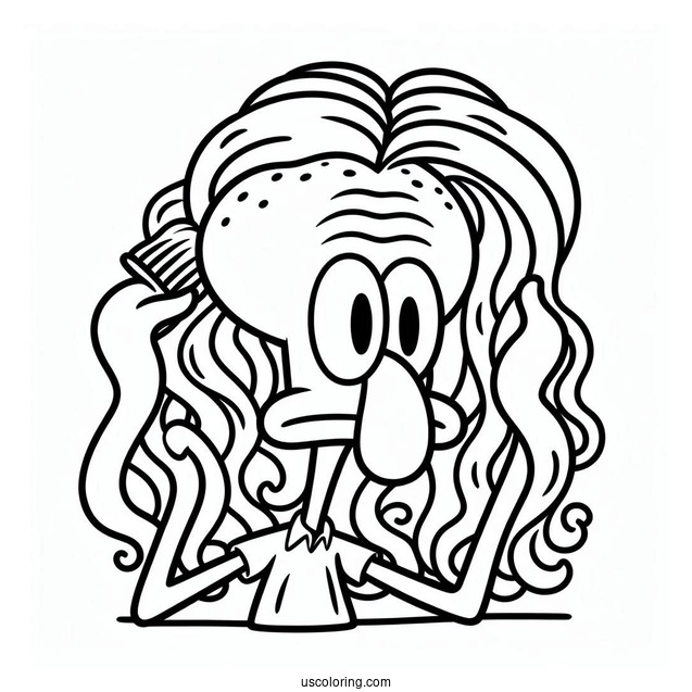 Squidward Coloring Page Putting On Wig
