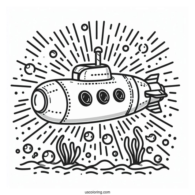 Simple Submarine Coloring Page Outline With Sun Rays And Bubbles