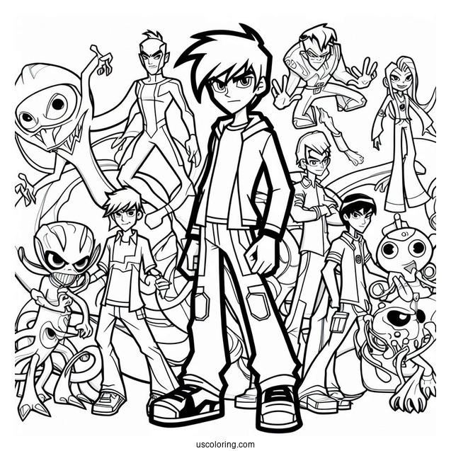 Ben 10 Coloring Page Of Ben Tennyson With All Ten Aliens