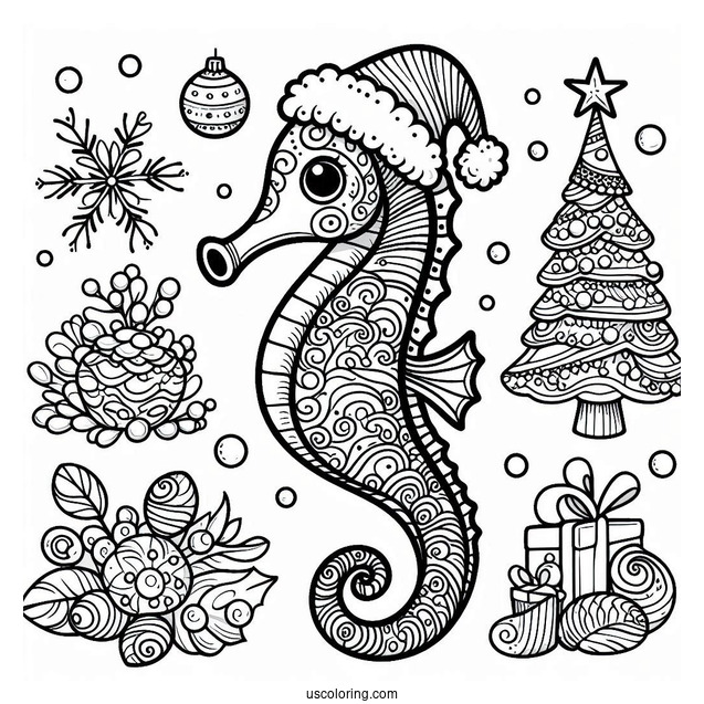 Christmas Themed Seahorse To Color