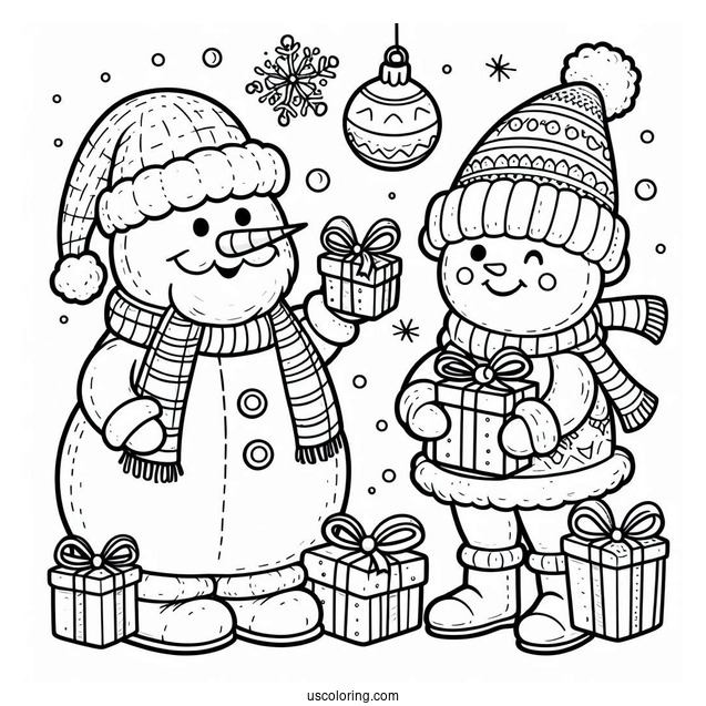 Santa And Snowman To Color With Ornaments And Presents