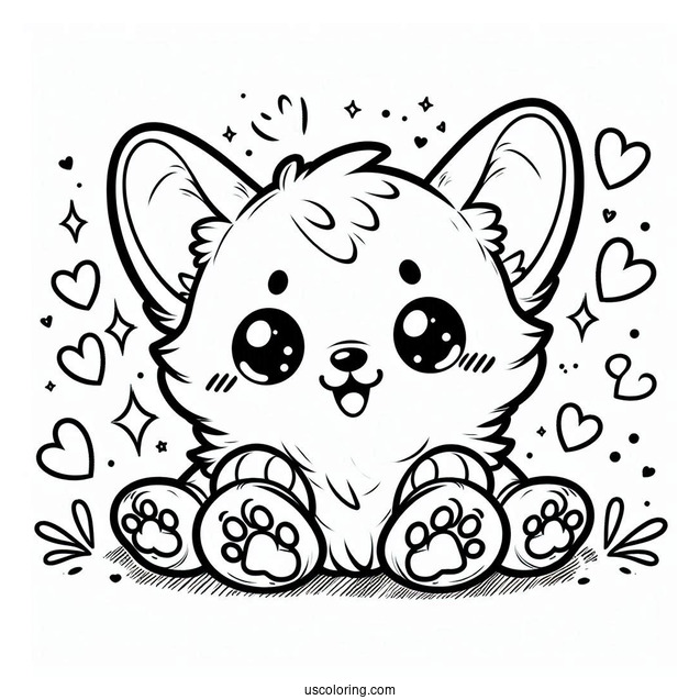 Chibi Corgi Coloring Page With Hearts And Paws In Background