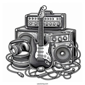 Music Coloring Page Of Electric Guitar With Speakers, Amplifiers, Headphones, And Cables