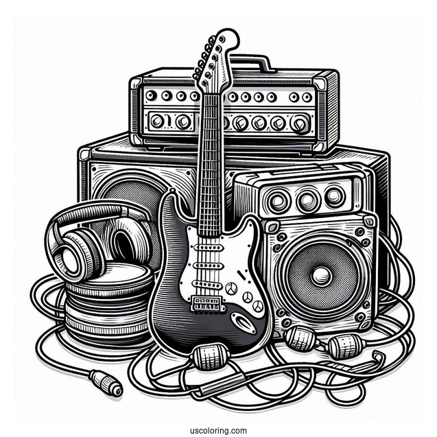 Music Coloring Page Of Electric Guitar With Speakers, Amplifiers, Headphones, And Cables