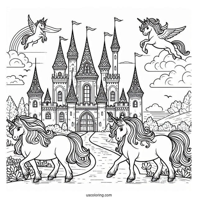Unicorns Strolling Outside A Beautiful Castle Coloring Page
