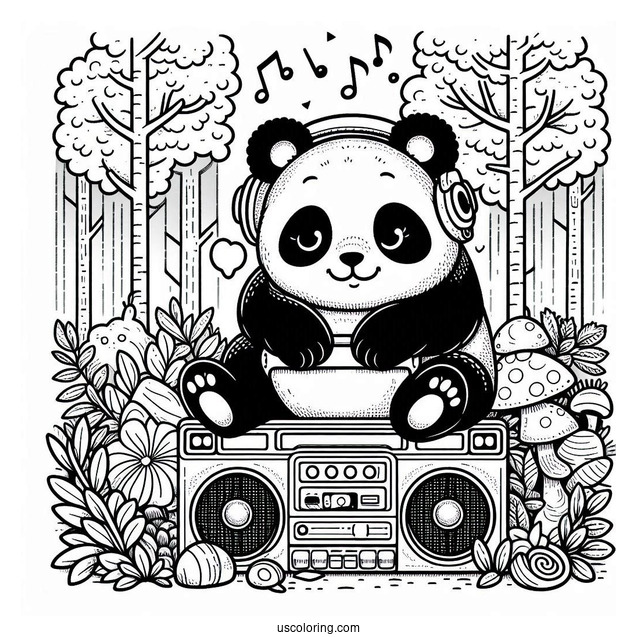 Retro Forest Panda Coloring Page Listening to Boombox