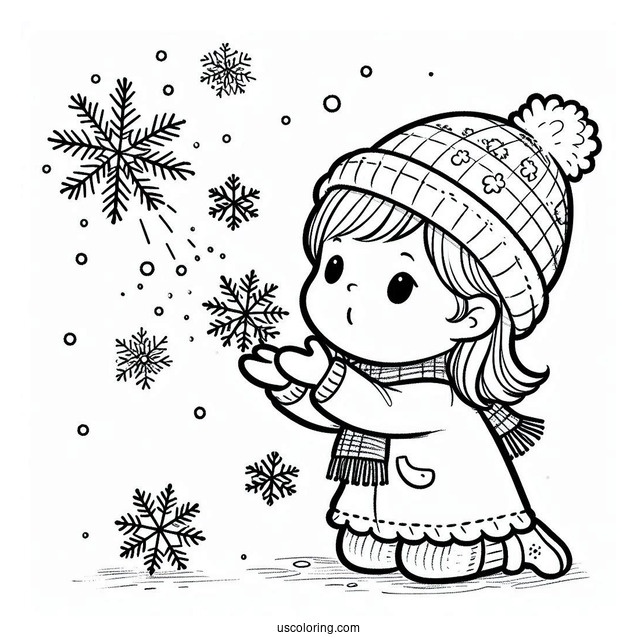 Little Girl Trying To Catch Snowflake Coloring Page