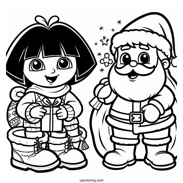 Dora With Boots And Santa Coloring Sheet