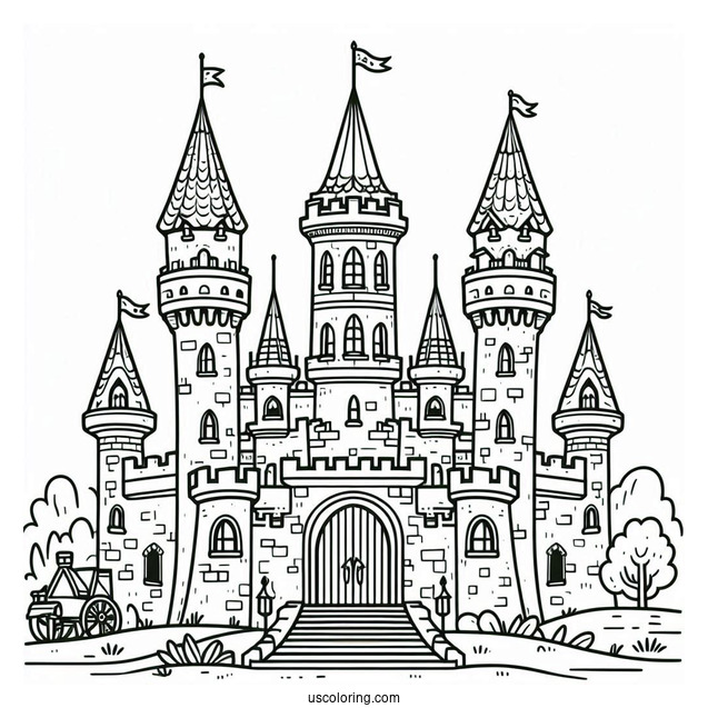 Simple Castle Coloring Page With High Tower In The Middle
