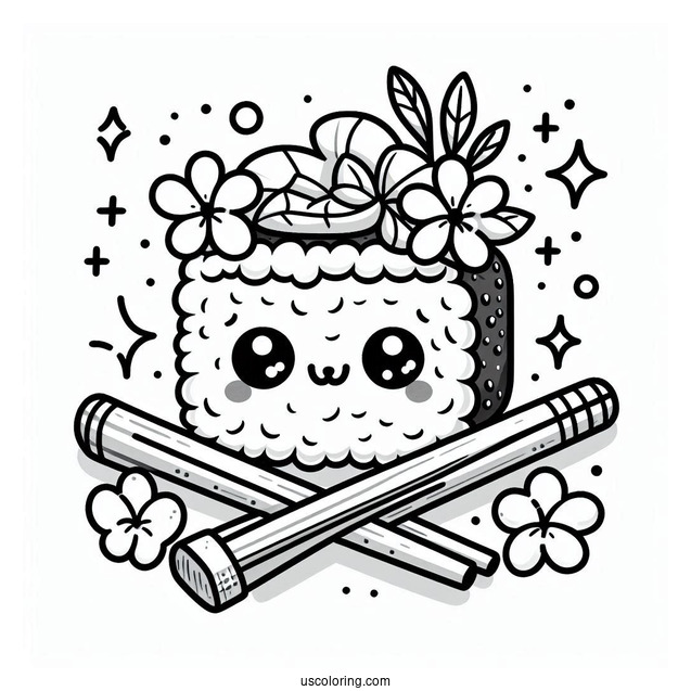 Adorable Cartoon Sushi Coloring Pages With Flowers And Chopsticks