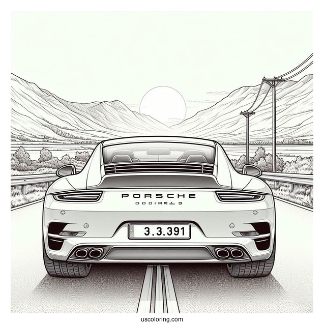 Realistic Back View Of Porsche Coloring Page On The Road
