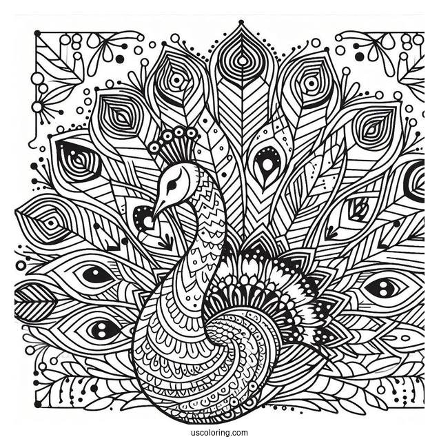 Geometric Peacock Coloring Page With Patterned Tail For Kids