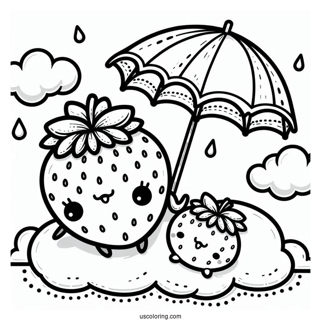 Kawaii Strawberry Coloring Page On The Cloud With An Umbrella For Kids