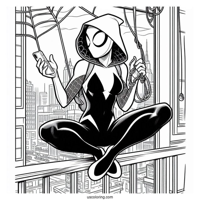 Spider-Gwen Coloring Page Texting While Swinging From A Web