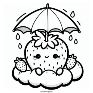 Kawaii Strawberry Coloring Page On The Cloud With An Umbrella For Kids
