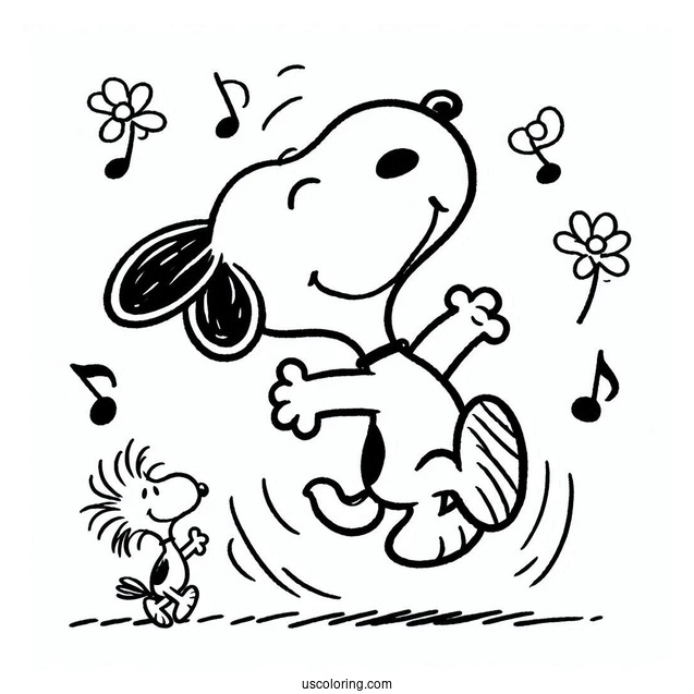 Dancing Snoopy With Woodstock To Color