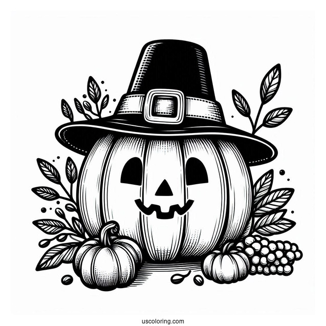 Thanksgiving Pumpkin Coloring Page Wearing Pilgrim Hat