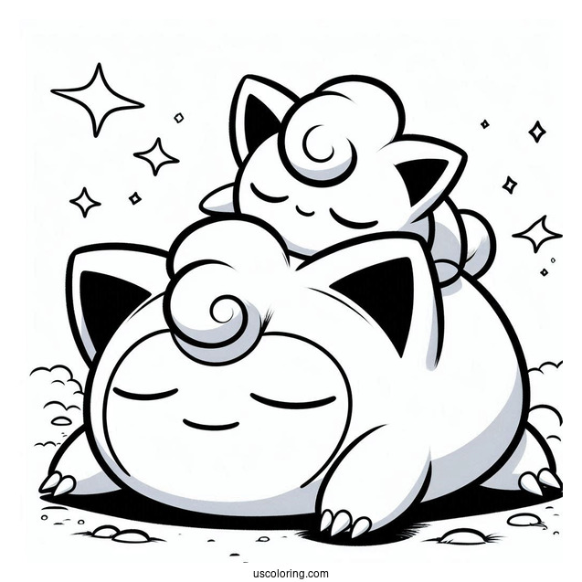 Jigglypuff Sleeping On Top Of Snorlax Coloring Page