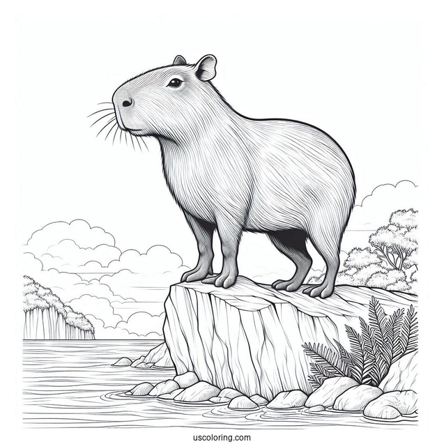 Realistic Capybara Coloring Page Standing On Cliff