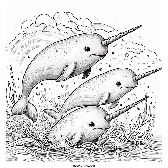 Three Realistic Narwhal Coloring Page Whales Emerging From Water