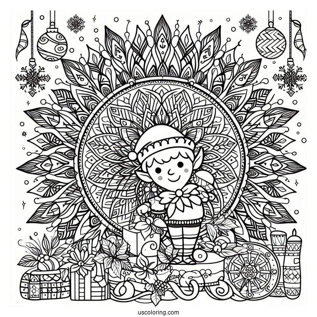 Elf Inside A Festive Christmas Mandala Coloring Page