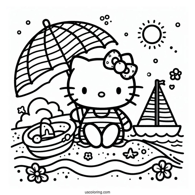 Pretty Hello Kitty At The Beach With A Sailboat Behind Her