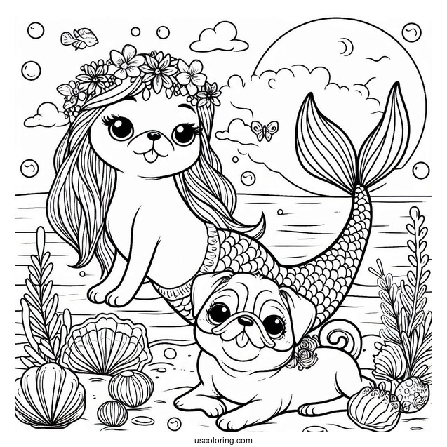 Mermaid Pug Coloring Page Under the Sea