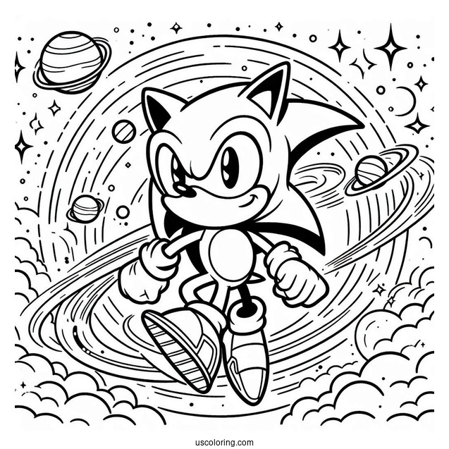 Super Sonic Coloring Page With Sonic In Outer Space